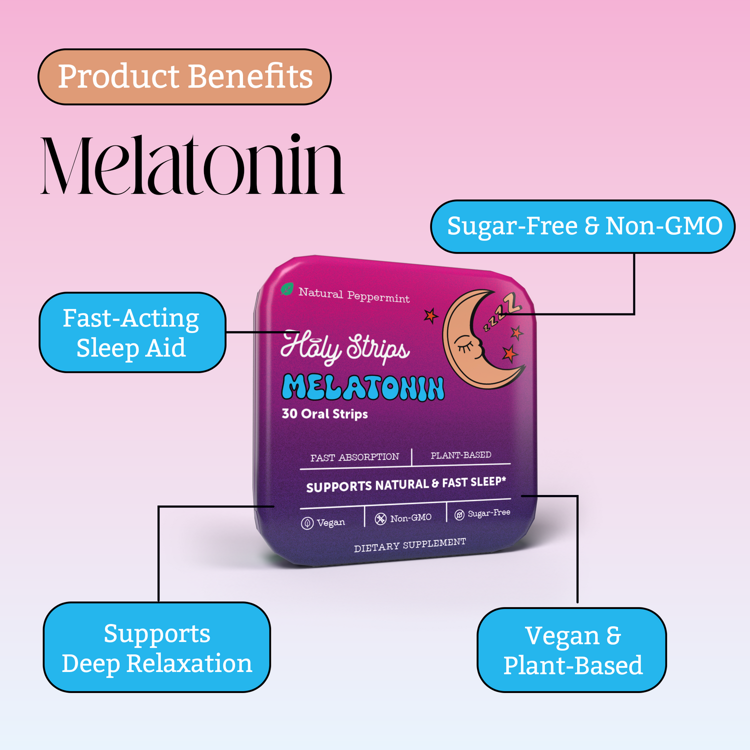 A melatonin oral strips package with labeled product benefits: fast-acting sleep aid, supports deep relaxation, sugar-free, non-GMO, vegan, plant-based, and natural peppermint flavor.