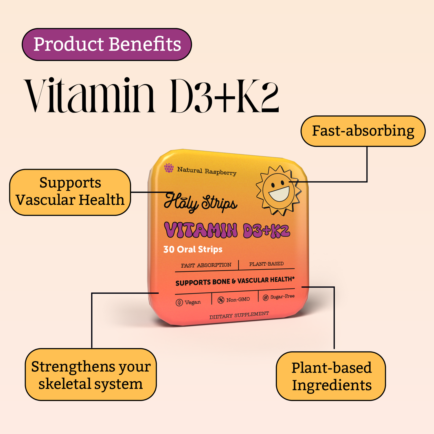A package of Holy Strips Vitamin D3+K2 oral strips is shown, highlighting benefits like fast absorption, plant-based ingredients, and support for bone and vascular health.