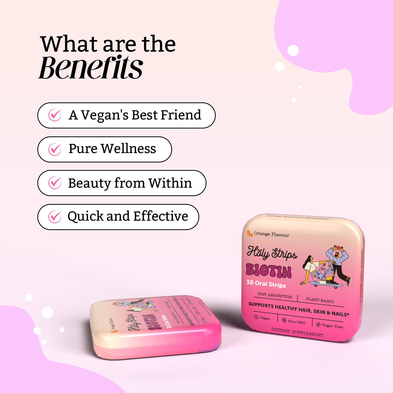 Two boxes of biotin oral strips are displayed on a pink background. A benefits list highlights they are vegan, support wellness, enhance beauty, and are quick and effective.