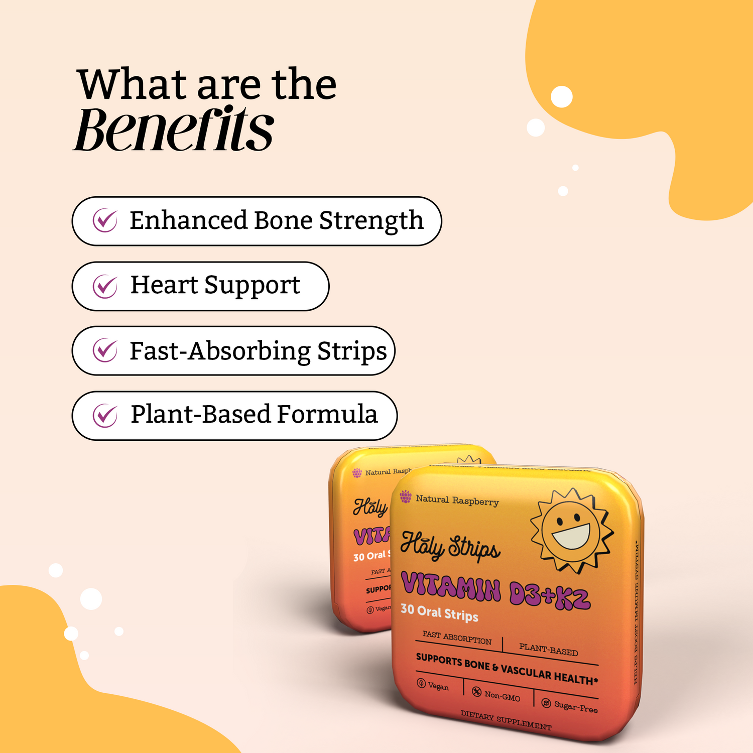 Two tins of Vitamin D3+K2 oral strips are shown beside a benefits list highlighting bone strength, heart support, fast-absorbing strips, and a plant-based formula.