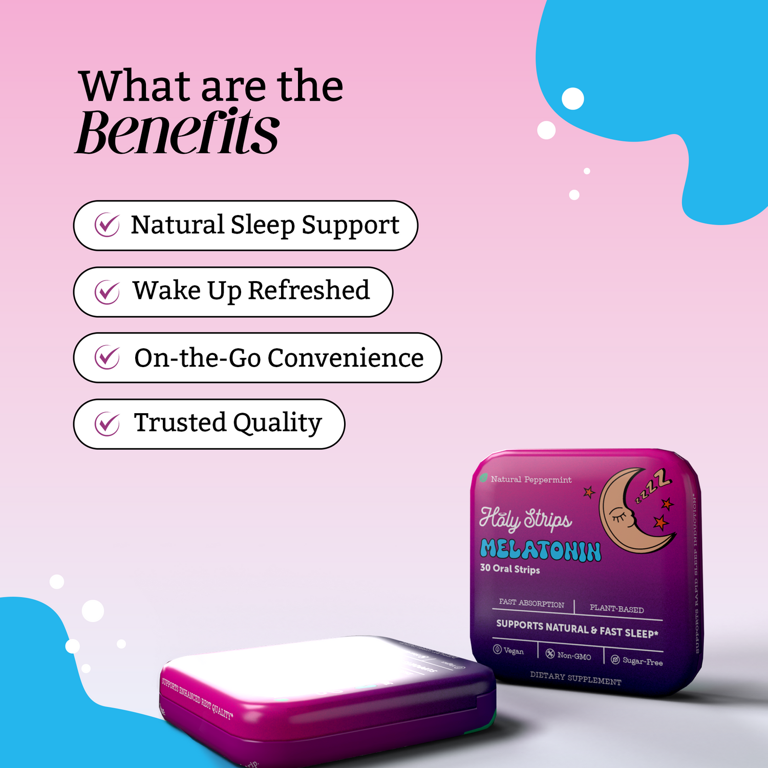 Two containers of melatonin oral strips are shown next to a list of four benefits: natural sleep support, wake up refreshed, on-the-go convenience, and trusted quality.