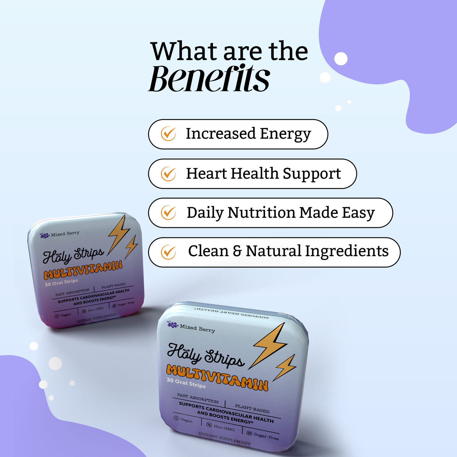 Two tins of Holy Strips Multivitamin are shown next to a list of benefits: increased energy, heart health support, easy daily nutrition, and clean ingredients.