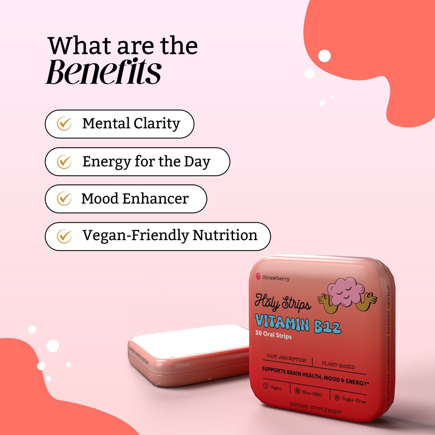 A product image of Holy Strips Vitamin B12 oral strips with listed benefits: mental clarity, energy, mood enhancement, and vegan-friendly nutrition.