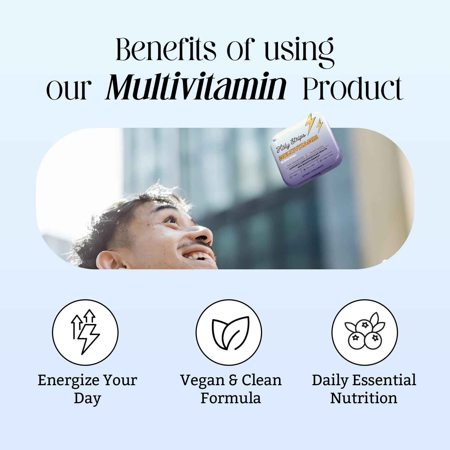 A man looks up at a floating multivitamin bottle; text highlights benefits including energy, vegan formula, and daily nutrition.