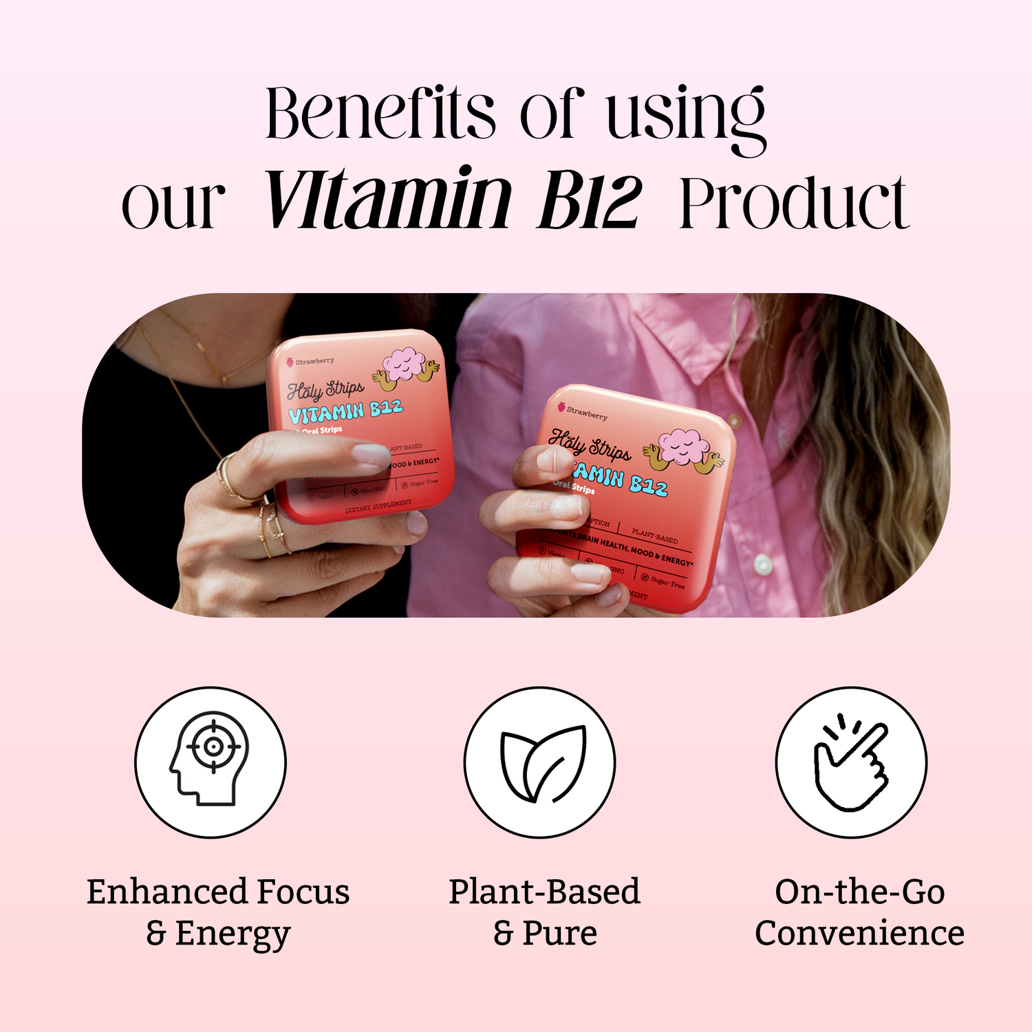 Two people holding containers of a Vitamin B12 product, with icons and text highlighting benefits: enhanced focus, plant-based purity, and on-the-go convenience.