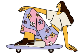 Illustration of a person with long hair sitting on a skateboard, wearing a white shirt and floral-patterned pants.