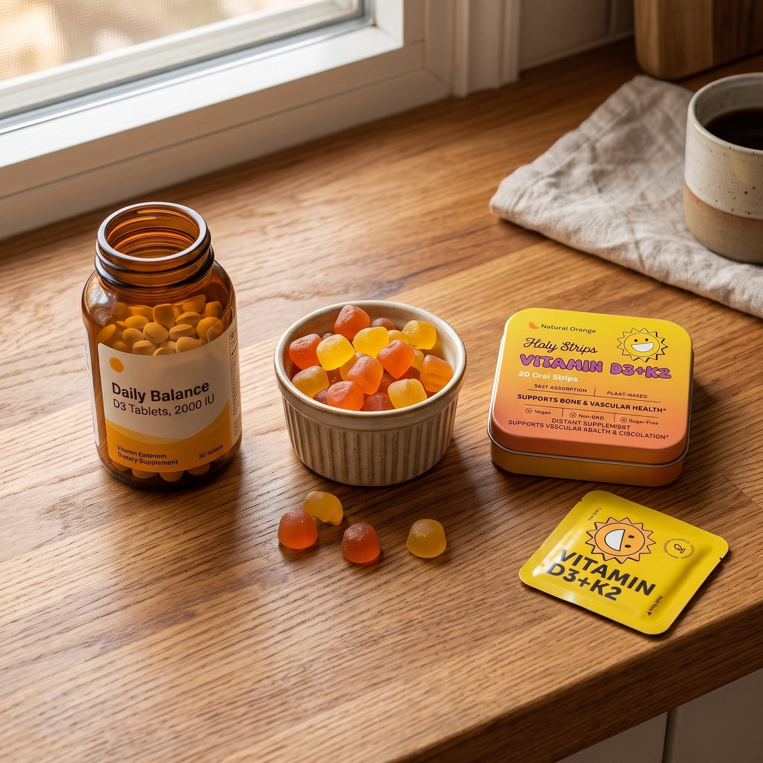 Flat-lay comparison of Vitamin D3 formats, including a Daily Balance tablet bottle, a bowl of orange D3 gummies, and a Holy Strips Vitamin D3+K2 tin and packet.