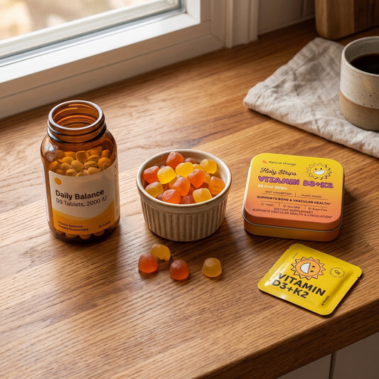 Flat-lay comparison of Vitamin D3 formats, including a Daily Balance tablet bottle, a bowl of orange D3 gummies, and a Holy Strips Vitamin D3+K2 tin and packet.