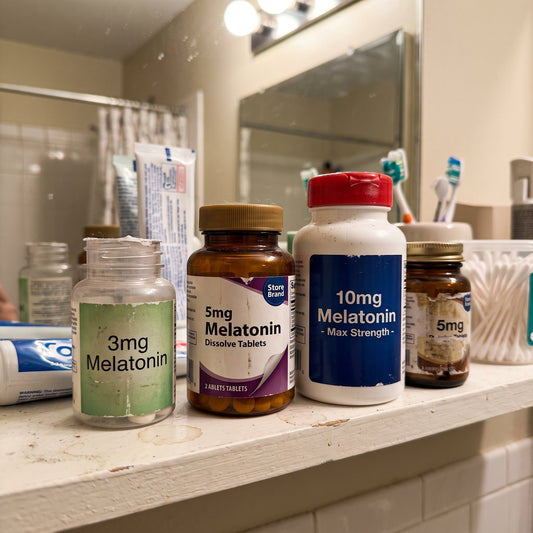 A cluttered bathroom shelf lined with several half-used melatonin pill bottles in different doses — 3mg, 5mg, and 10mg max strength — reflecting the trial-and-error of finding the right sleep aid.