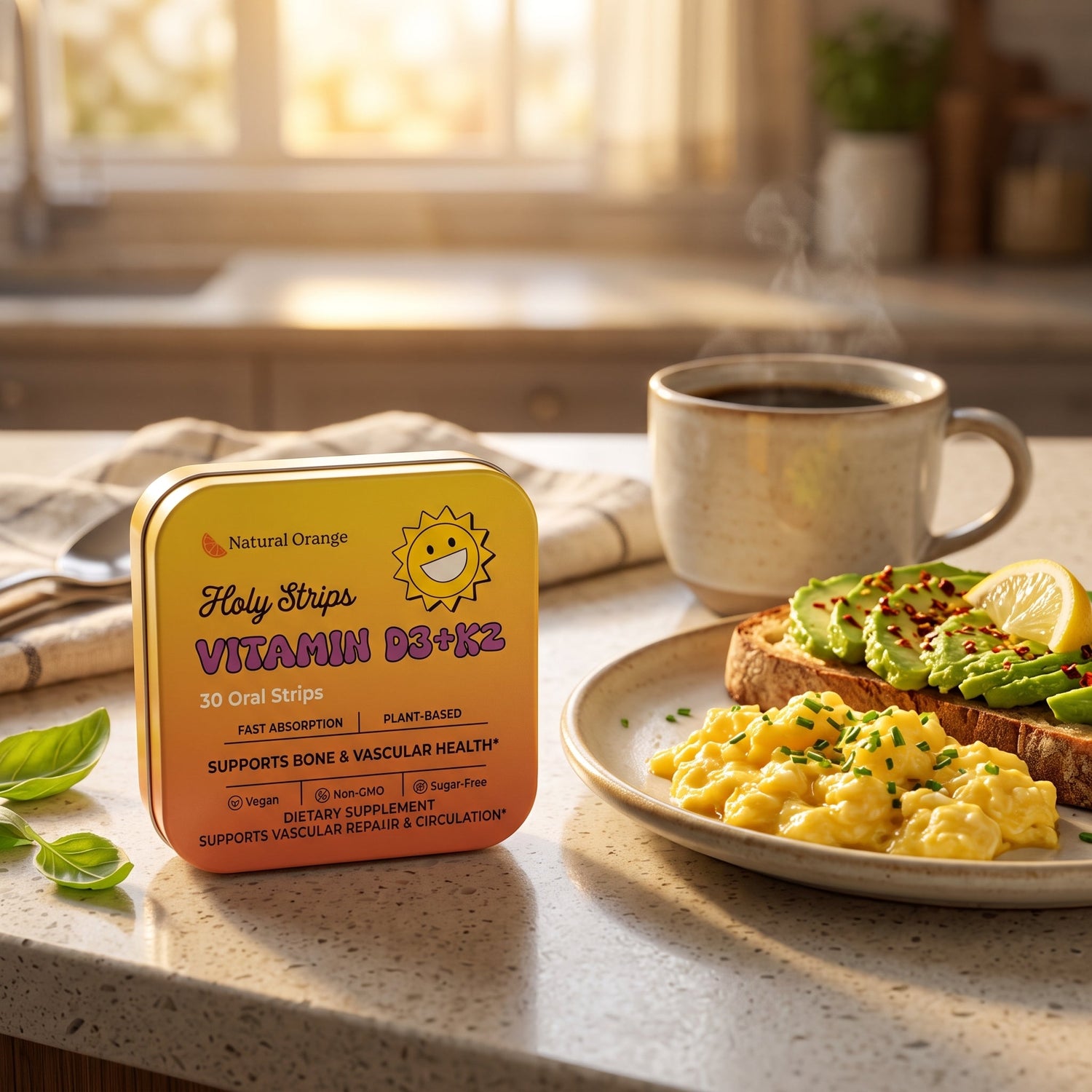 Holy Strips Vitamin D3+K2 tin standing on a kitchen counter beside a plate of avocado toast, scrambled eggs, and a mug of coffee.