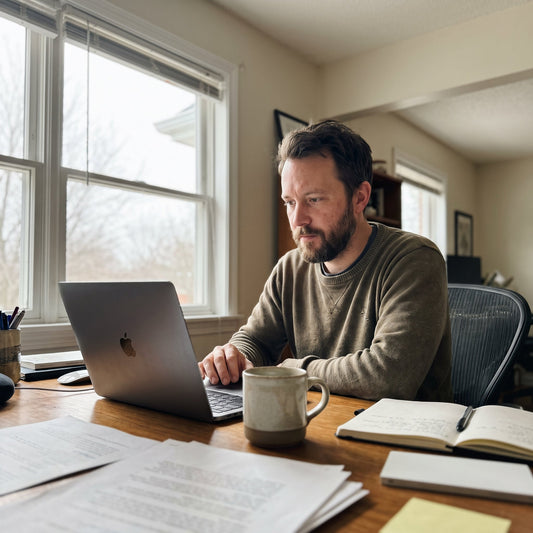Man typing on a MacBook at his home office desk, with a mug of coffee, open notebook, and papers nearby.