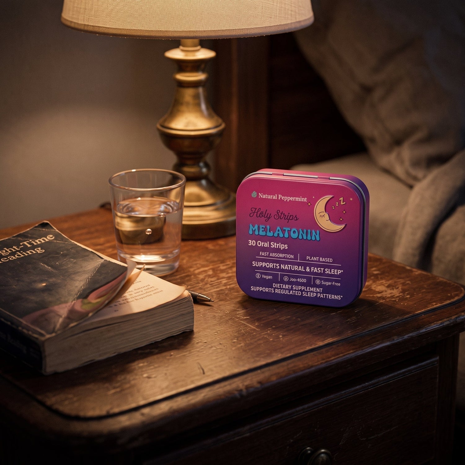Holy Strips Melatonin tin on a wooden nightstand beside a lit brass lamp, glass of water, and bedtime reading book