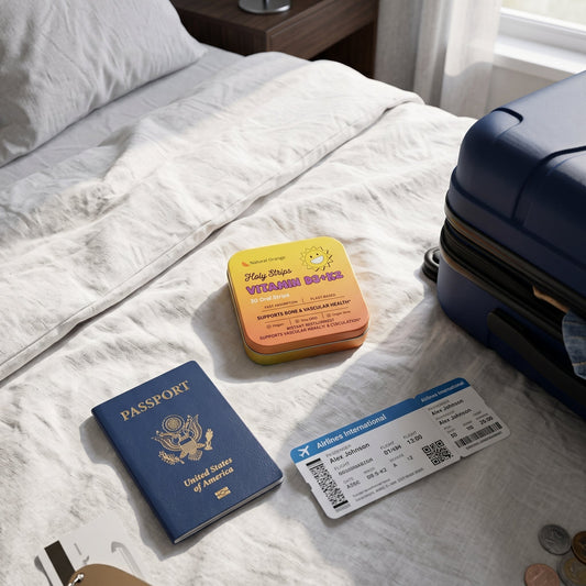 Holy Strips Vitamin D3+K2 tin resting on a hotel bed beside a passport, boarding pass, and an open suitcase.