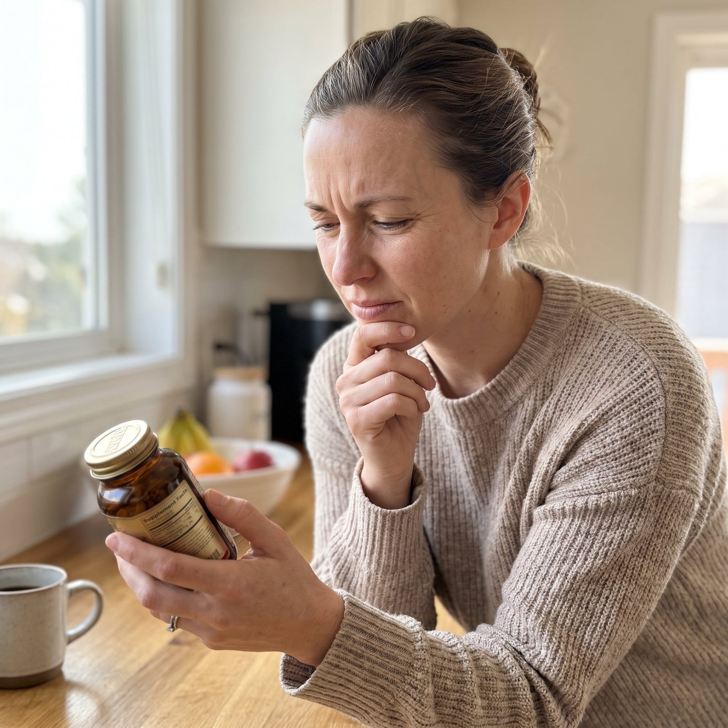 Concerned woman at her kitchen table squinting at the Supplement Facts label on a vitamin bottle, coffee mug beside her.