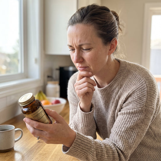 Concerned woman at her kitchen table squinting at the Supplement Facts label on a vitamin bottle, coffee mug beside her.