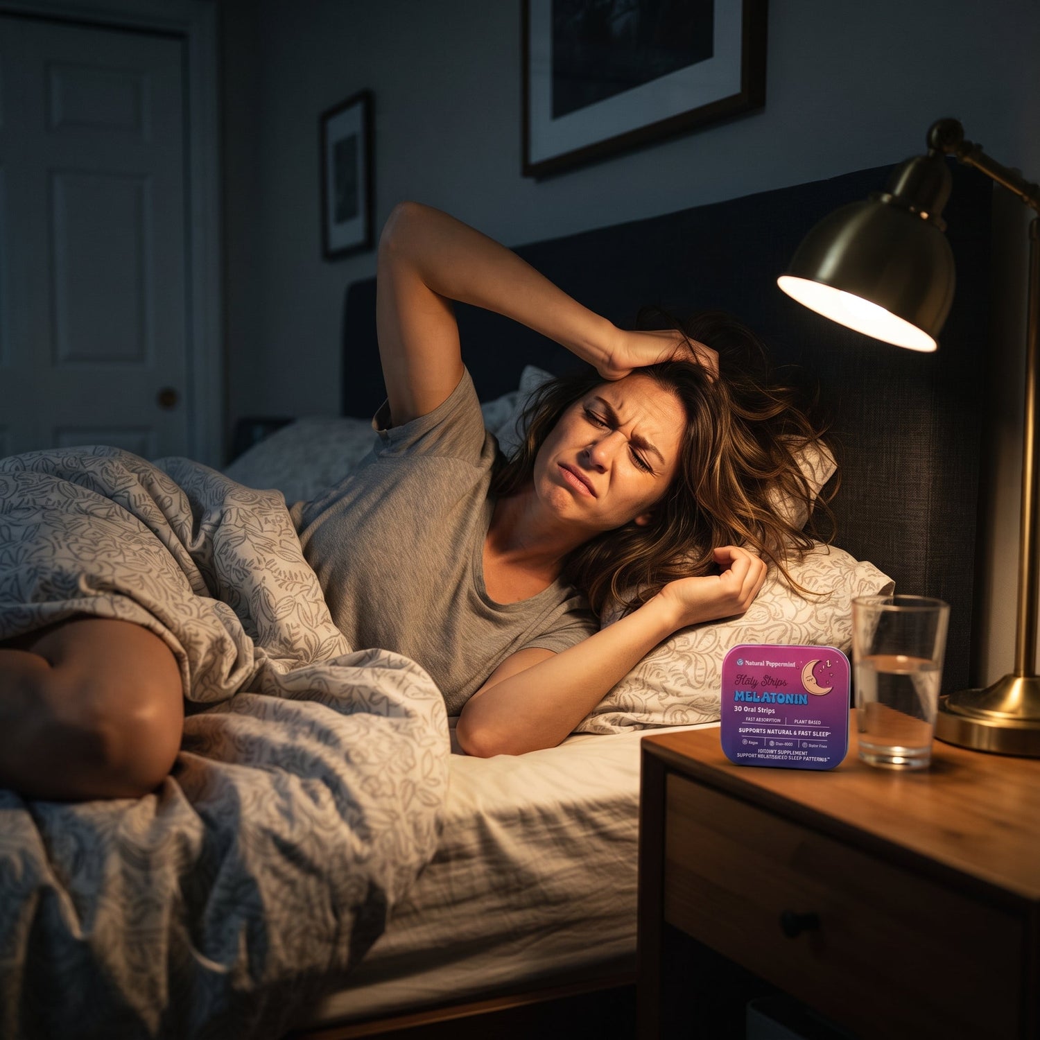 Frustrated woman lying awake in bed at night, gripping her hair in exhaustion, with a Holy Strips Melatonin tin on her nightstand.