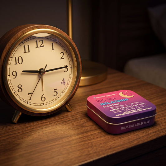Wooden alarm clock reading past 3 a.m. next to a Holy Strips Melatonin tin labeled 'Helps Fall Asleep Fast' on a nightstand.