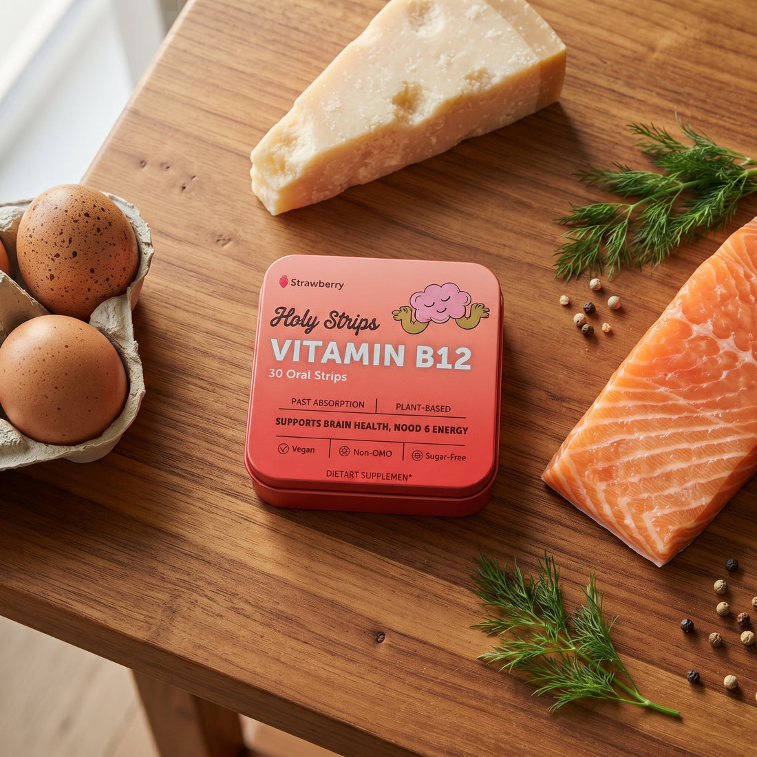 Holy Strips Vitamin B12 oral strip tin on a wooden table surrounded by eggs, parmesan cheese, salmon, and fresh dill.