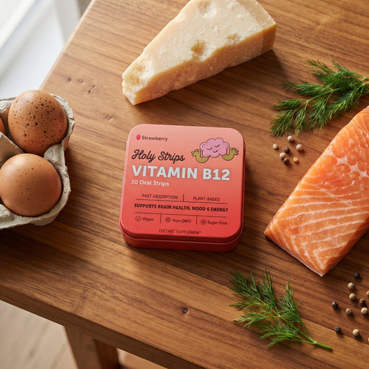 Holy Strips Vitamin B12 oral strip tin on a wooden table surrounded by eggs, parmesan cheese, salmon, and fresh dill.
