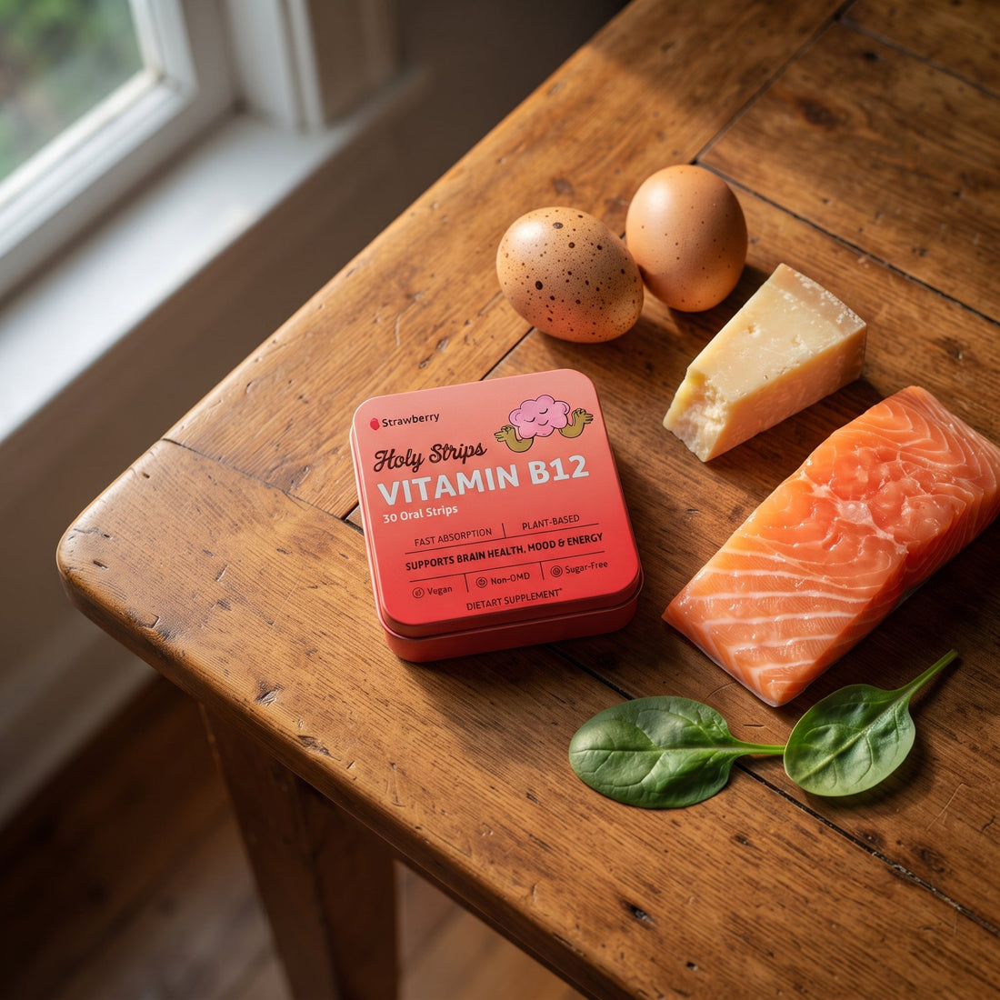 Holy Strips Vitamin B12 tin on a wooden table with eggs, parmesan cheese, salmon, and fresh spinach leaves.