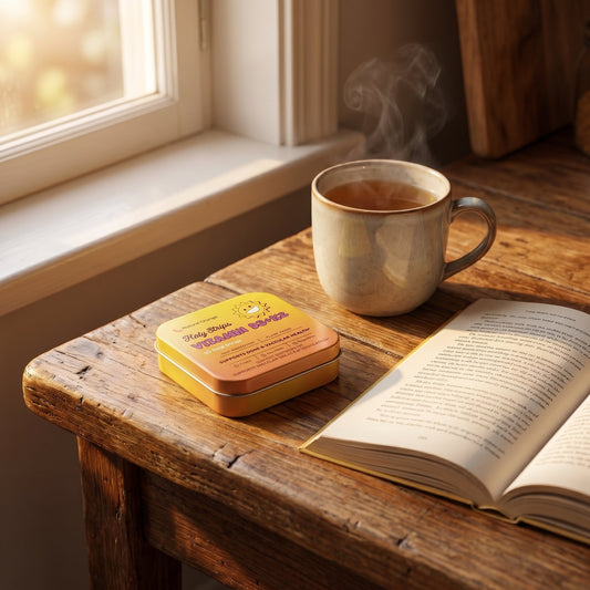 Holy Strips Vitamin D3+K2 tin next to a steaming mug of tea and an open book on a rustic wooden table by a sunlit window.