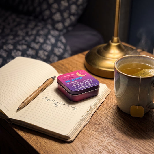 Holy Strips Melatonin tin resting on an open journal beside a pen and a mug of tea on a wooden nightstand.