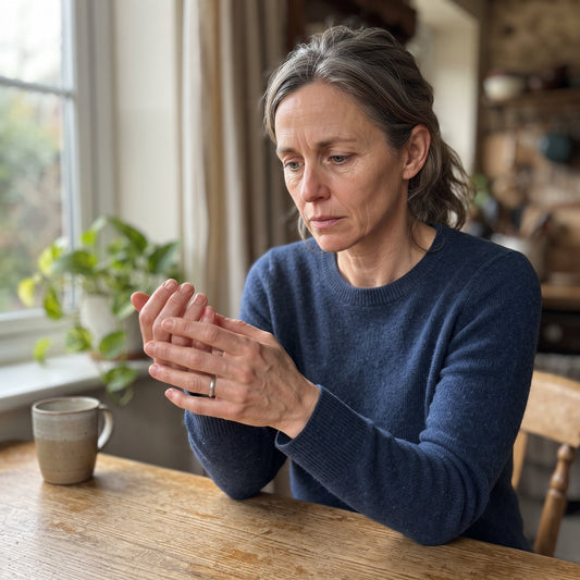 Concerned woman rubbing her hands together at her kitchen table, appearing worried about tingling or numbness.