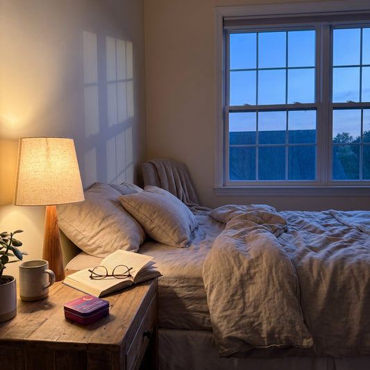 Cozy bedroom at dusk with a lit lamp, an open book, reading glasses, and a pink Holy Strips Melatonin tin on the nightstand.