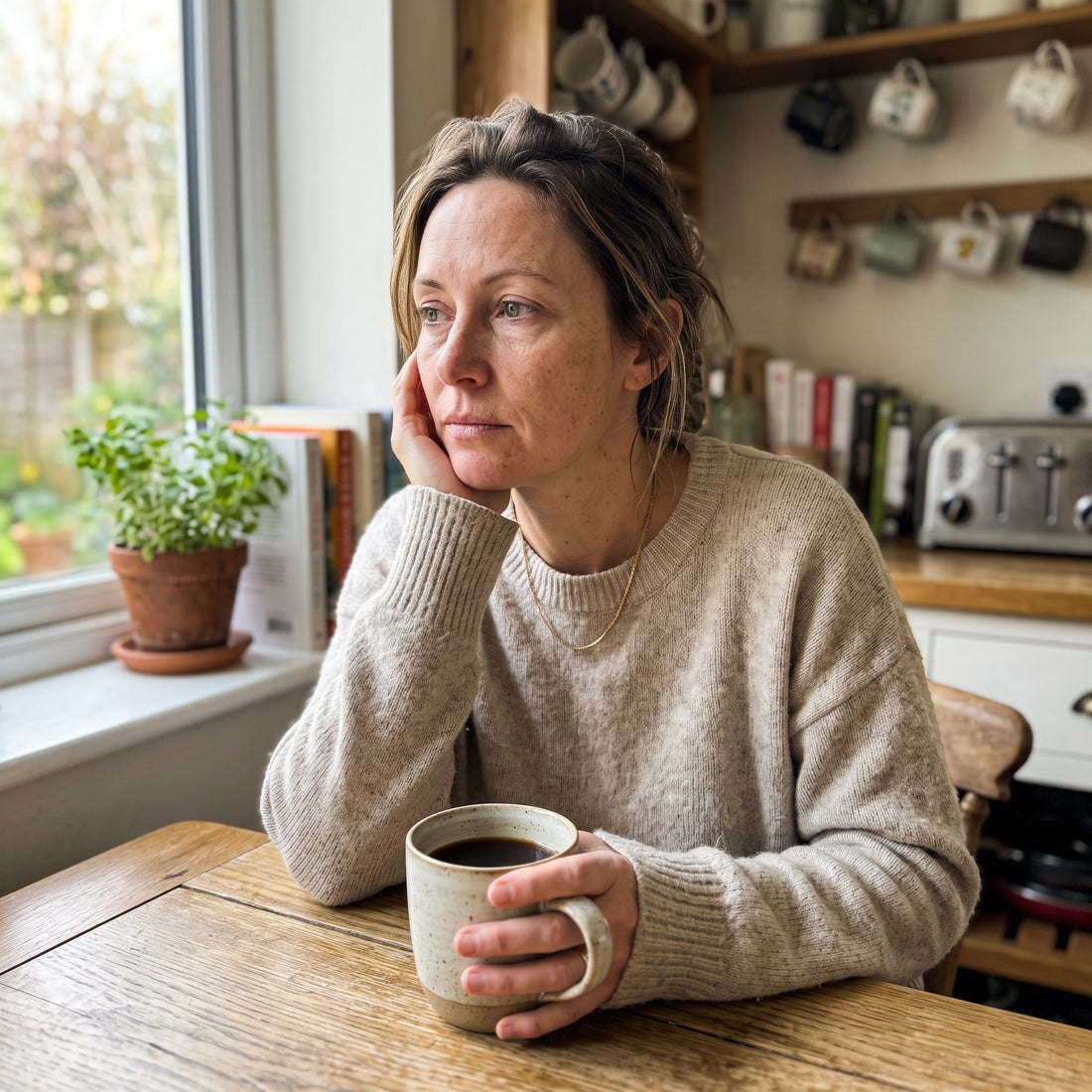 Tired woman resting her chin on her hand at her kitchen table, holding a mug of coffee and staring out the window.