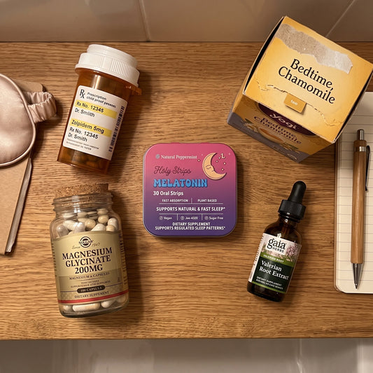 Overhead flat-lay comparing sleep products, including a prescription Zolpidem bottle, chamomile tea, a Holy Strips Melatonin tin, magnesium glycinate, valerian root extract, and a sleep mask.