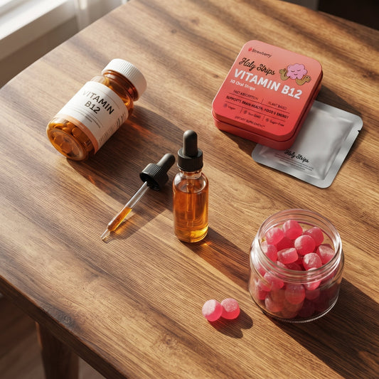 Overhead comparison of different Vitamin B12 formats, including a pill bottle, liquid dropper, Holy Strips tin, foil packet, and a jar of gummies.