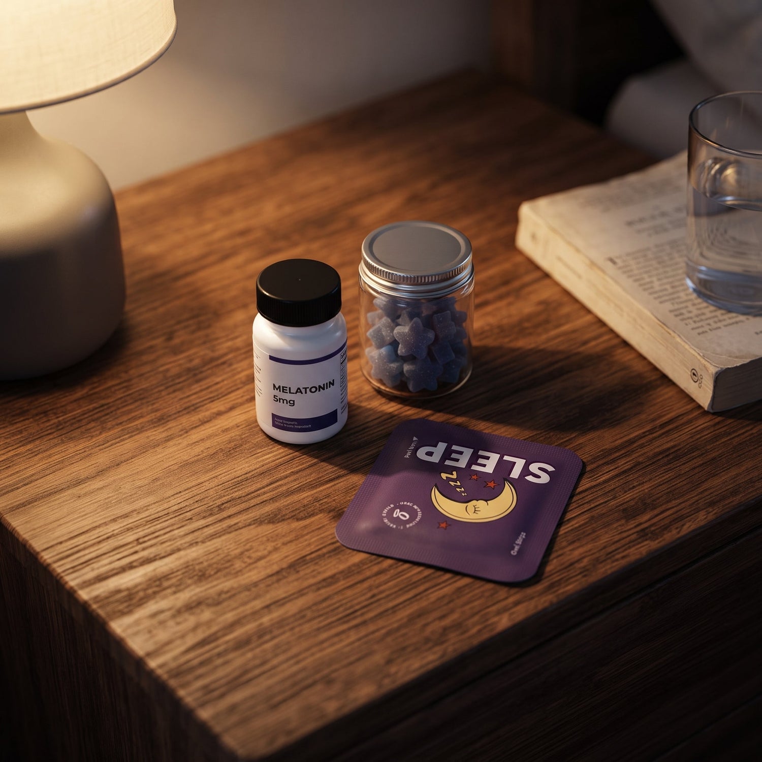 A bottle of 5mg melatonin, a jar of blue melatonin gummies, and a purple Sleep oral strip packet arranged on a wooden nightstand.