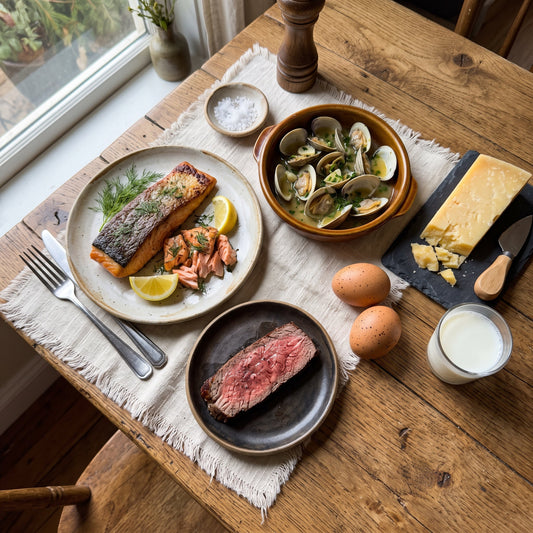 Overhead spread of B12-rich foods including seared salmon, steak, garlic clams, aged cheese, eggs, and milk on a rustic wooden table.