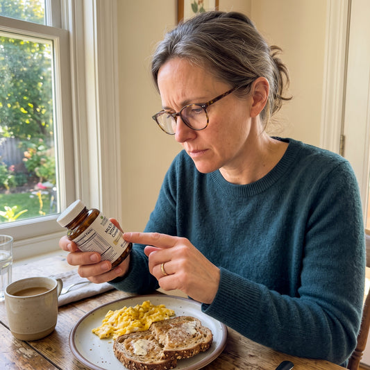 Woman at her breakfast table squinting and pointing at the fine print on a multivitamin bottle label.