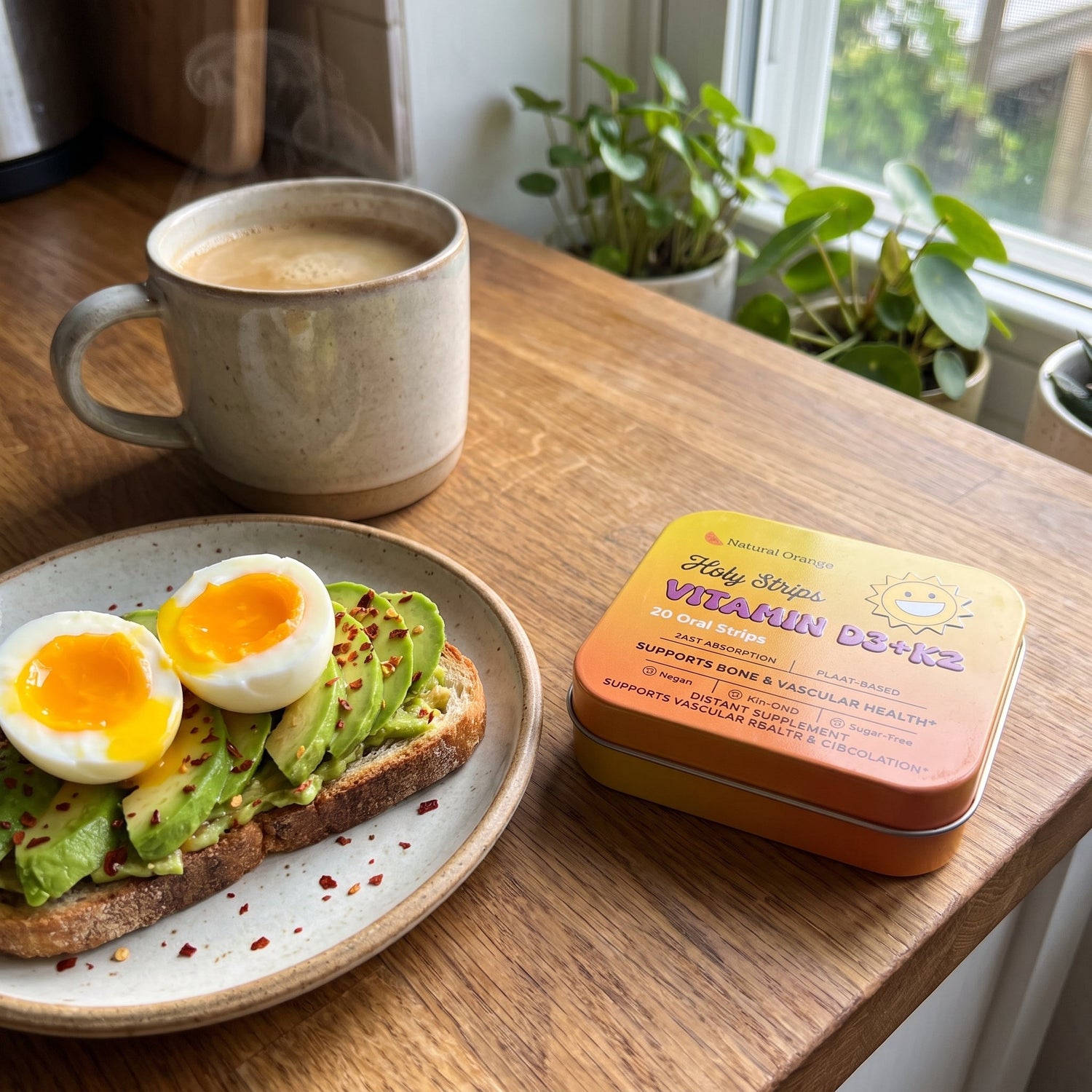 Soft-boiled egg and avocado toast on a plate next to a cup of coffee and a Holy Strips Vitamin D3+K2 tin on a wooden counter.