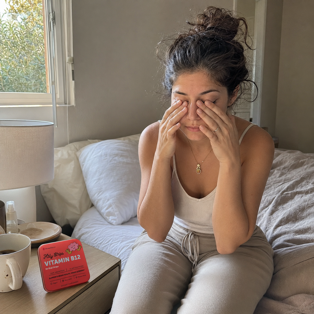 A woman rubbing her eyes on the edge of her bed beside a Holy Strips B12 tin on the nightstand.