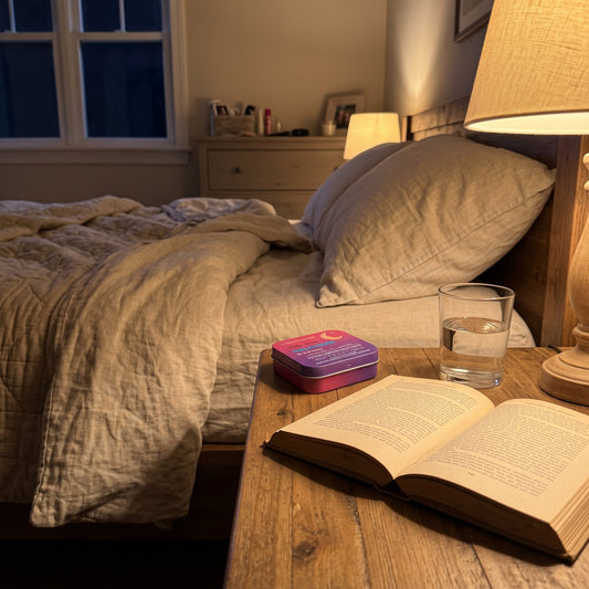 Holy Strips Melatonin tin, an open book, and a glass of water on a wooden nightstand beside an unmade bed at night.