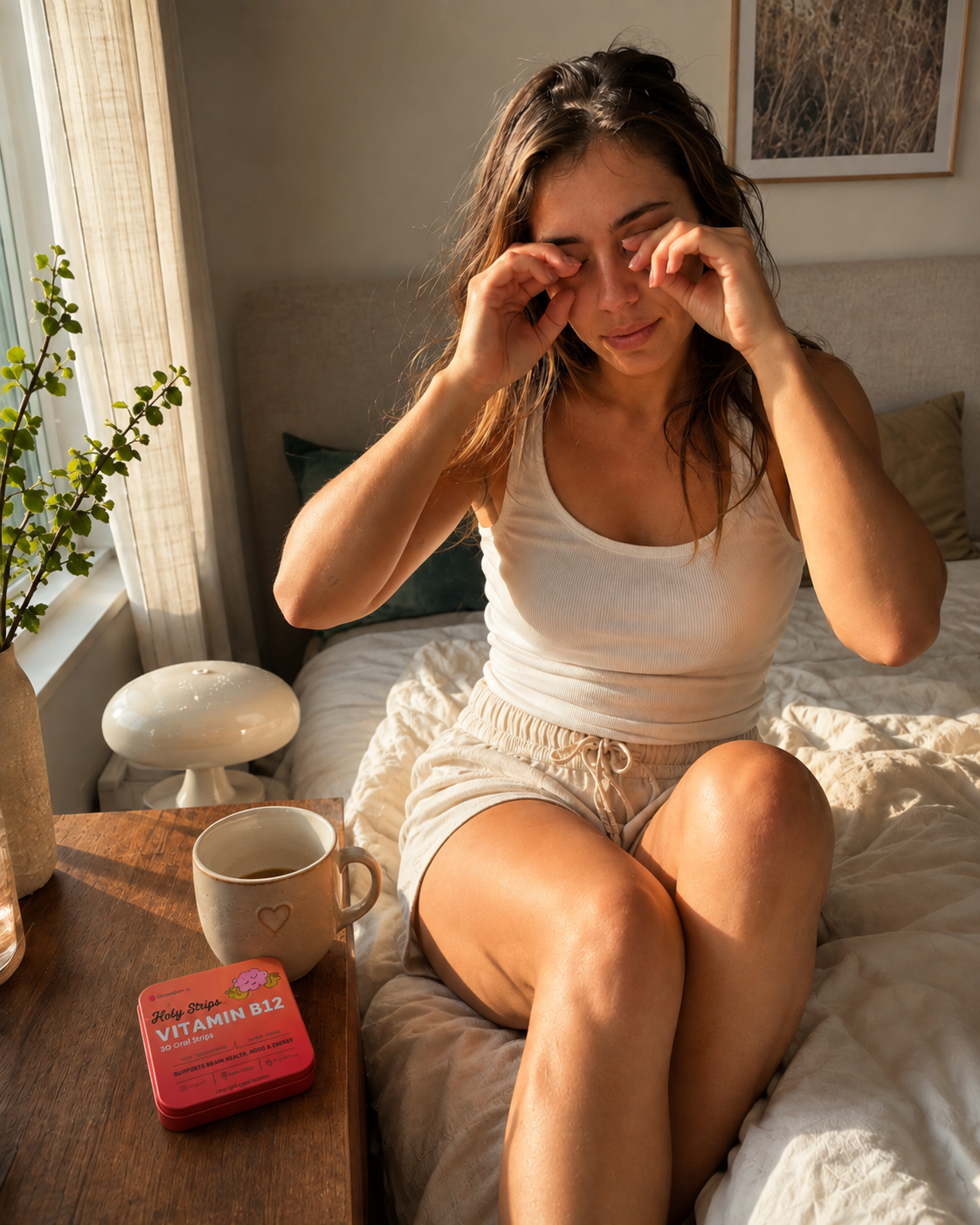 A woman rubbing her eyes on the edge of her bed beside a Holy Strips B12 tin on the nightstand.