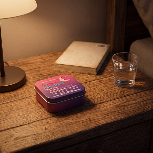 Holy Strips Melatonin tin on a wooden nightstand beside a lit brass lamp, glass of water, and bedtime reading book.