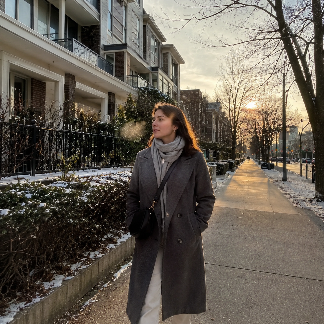 Woman in a coat walking outside on a pale winter afternoon with weak, low sunlight.