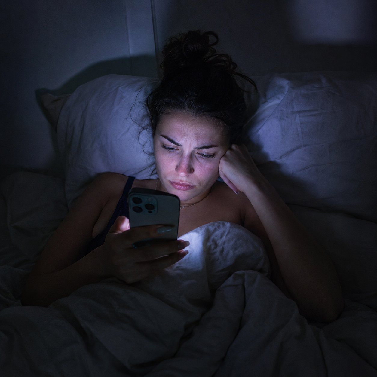 Woman lying in bed at night scrolling her phone, screen glow lighting her face in a dark bedroom.