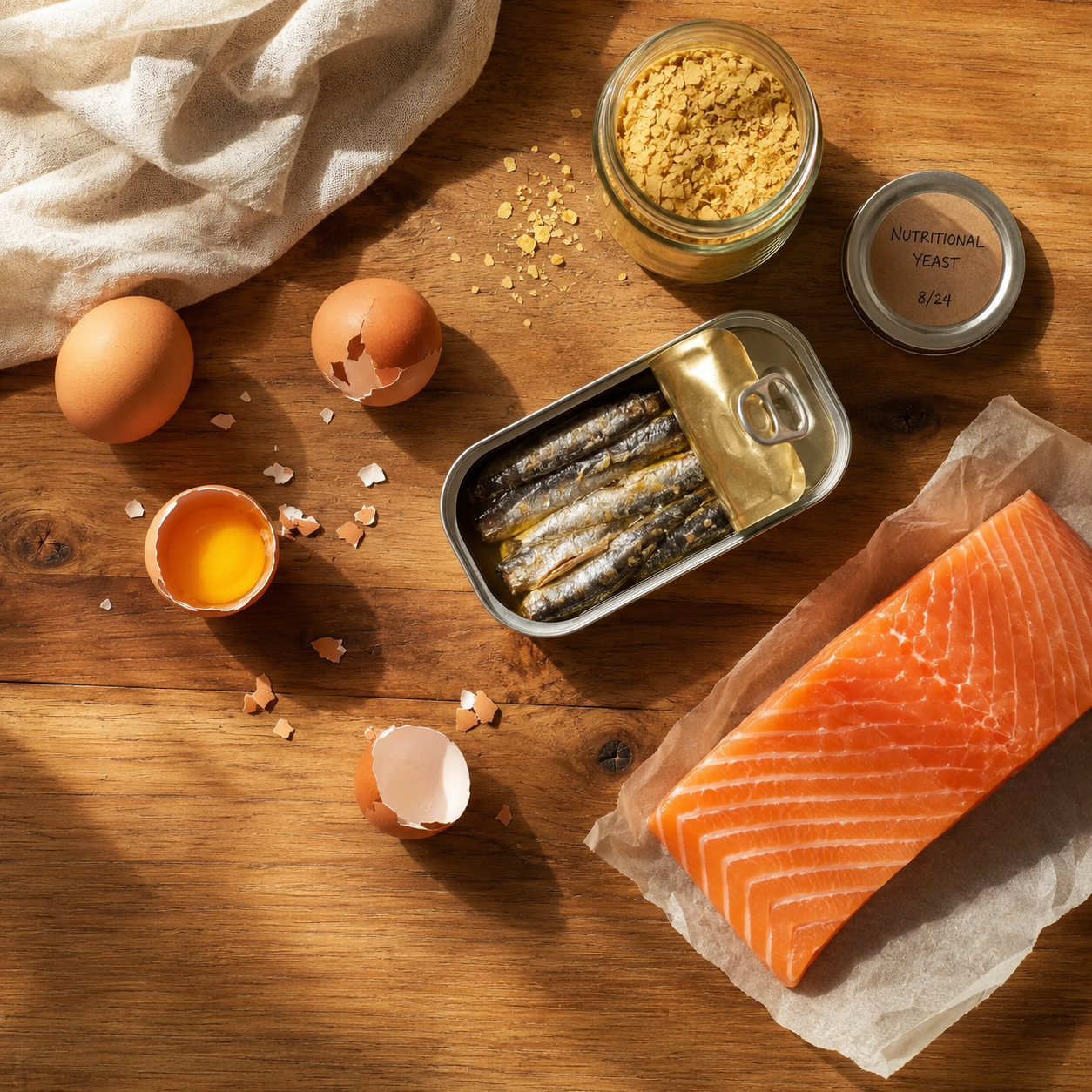 Overhead shot of eggs, salmon, sardines, and nutritional yeast arranged on a wood table.