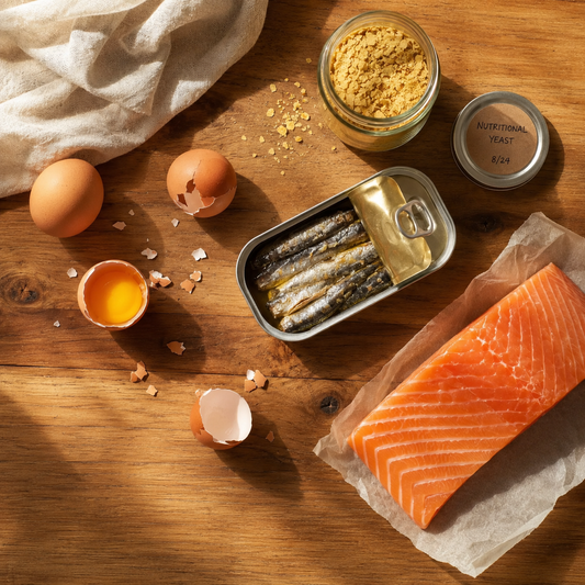 Overhead shot of eggs, salmon, sardines, and nutritional yeast arranged on a wood table.