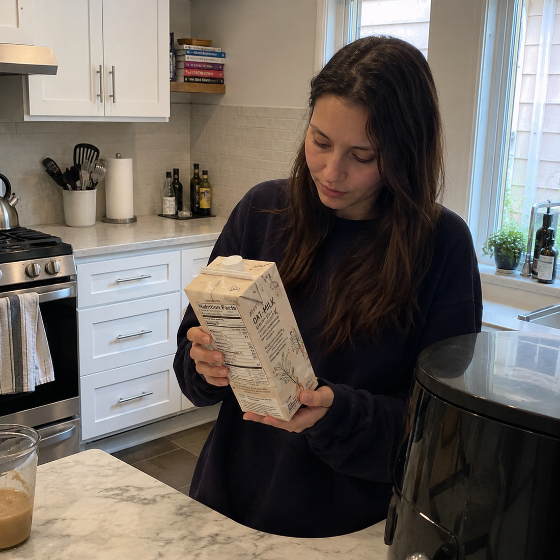 Young woman reading the nutrition label on a carton of plant milk in a sunlit kitchen