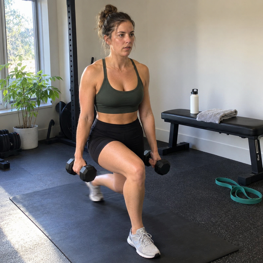 A woman doing a bodyweight lunge with dumbbells in a bright home gym corner.