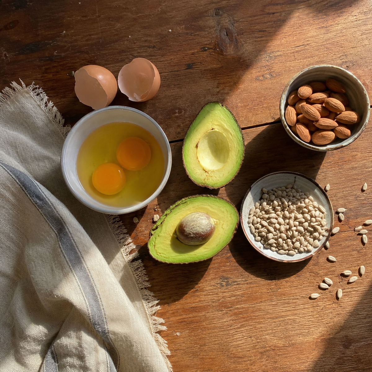 Flat lay of eggs, avocado, almonds, and sunflower seeds on a wood table representing vitamin B7 foods.