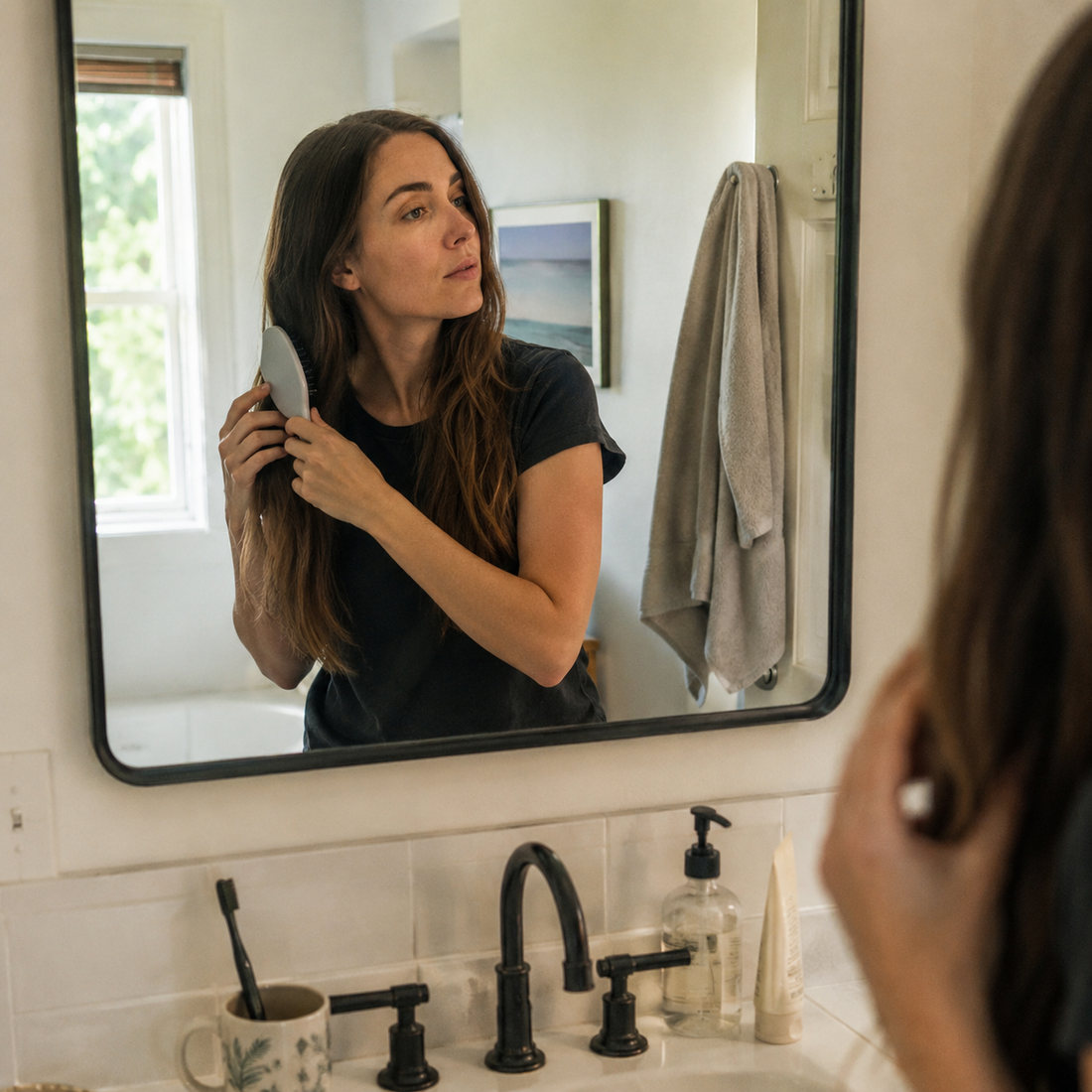 Woman brushing her hair in front of a bathroom mirror in soft morning light.