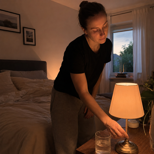 A woman turning a warm bedside lamp down low in a softly lit bedroom as evening settles in.
