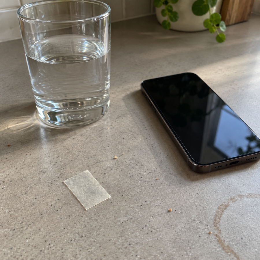 A single thin, translucent dissolvable vitamin strip resting on a kitchen counter next to a phone and a glass of water, no packaging in view.