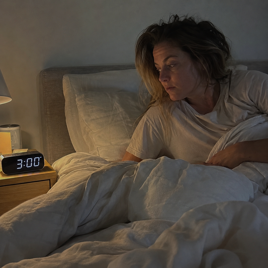 Woman waking up in bed at night and checking the time on a clock, moonlight through the window
